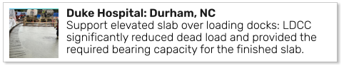 Duke Hospital: Durham, NCSupport elevated slab over loading docks: LDCC significantly reduced dead load and provided the required bearing capacity for the finished slab.