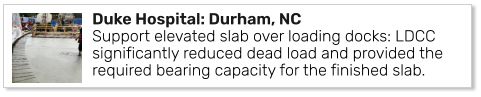 Duke Hospital: Durham, NCSupport elevated slab over loading docks: LDCC significantly reduced dead load and provided the required bearing capacity for the finished slab.
