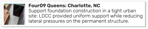 Four09 Queens: Charlotte, NC Support foundation construction in a tight urban site: LDCC provided uniform support while reducing lateral pressures on the permanent structure.