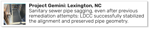 Project Gemini: Lexington, NC Sanitary sewer pipe sagging, even after previous remediation attempts: LDCC successfully stabilized the alignment and preserved pipe geometry.