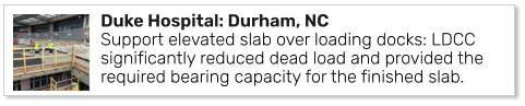 Duke Hospital: Durham, NCSupport elevated slab over loading docks: LDCC significantly reduced dead load and provided the required bearing capacity for the finished slab.