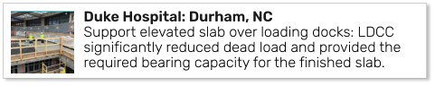 Duke Hospital: Durham, NCSupport elevated slab over loading docks: LDCC significantly reduced dead load and provided the required bearing capacity for the finished slab.