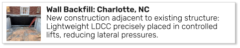 Wall Backfill: Charlotte, NCNew construction adjacent to existing structure: Lightweight LDCC precisely placed in controlled lifts, reducing lateral pressures.