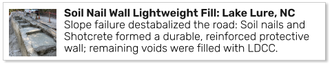 Soil Nail Wall Lightweight Fill: Lake Lure, NCSlope failure destabalized the road: Soil nails and Shotcrete formed a durable, reinforced protective wall; remaining voids were filled with LDCC.