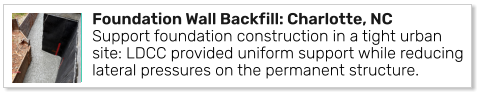 Foundation Wall Backfill: Charlotte, NC Support foundation construction in a tight urban site: LDCC provided uniform support while reducing lateral pressures on the permanent structure.