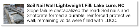Soil Nail Wall Lightweight Fill: Lake Lure, NCSlope failure destabalized the road: Soil nails and Shotcrete formed a durable, reinforced protective wall; remaining voids were filled with LDCC.