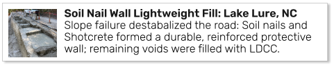 Soil Nail Wall Lightweight Fill: Lake Lure, NCSlope failure destabalized the road: Soil nails and Shotcrete formed a durable, reinforced protective wall; remaining voids were filled with LDCC.